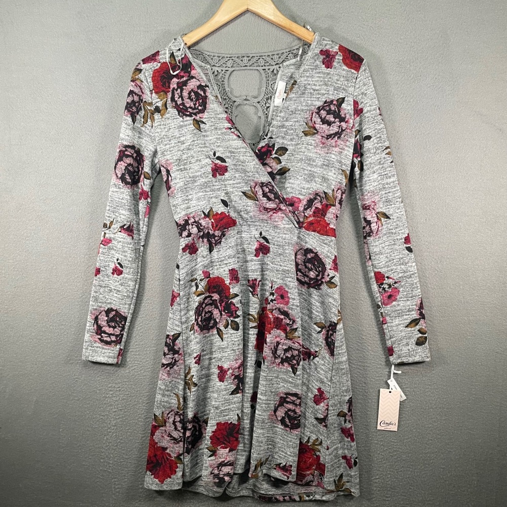 Candies Floral Wrap Dress Womens Medium Gray Long Sleeve Lace‎ Back NWT